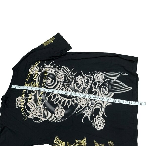 Christian Audigier RARE‎ Fish Print Black T-Shirt Sz XL V-Neck, Made in USA - Picture 12 of 12